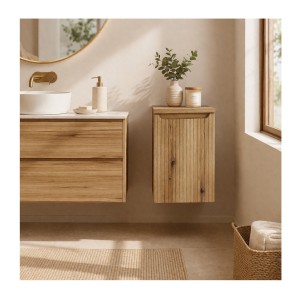 Panier à linge et plateau supérieur VANO aspect chêne clair mis en situation