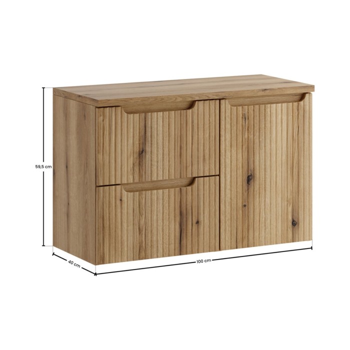 Set da bagno VANO in rovere chiaro 90cm: mobili sotto lavabo con cassetti e cesto portabiancheria integrato + piano per lavabo