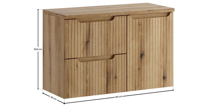 Ensemble VANO 90cm : meubles sous vasque à tiroirs et panier à linge intégré, plan pour vasque dimensions