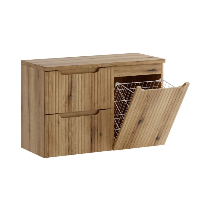 Set da bagno VANO in rovere chiaro 90cm: mobili sotto lavabo con cassetti e cesto portabiancheria integrato + piano per lavabo
