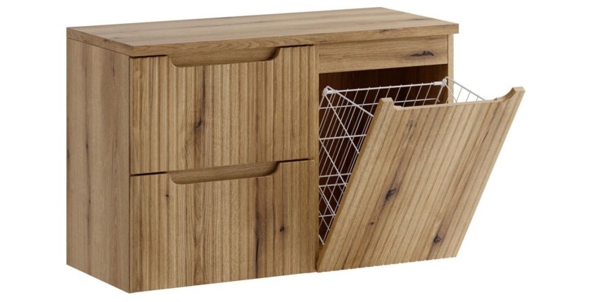 Ensemble VANO 90cm : meubles sous vasque à tiroirs et panier à linge intégré, plan pour vasque ouvert