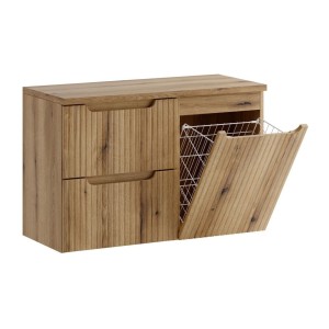 Ensemble VANO 90cm : meubles sous vasque à tiroirs et panier à linge intégré, plan pour vasque ouvert