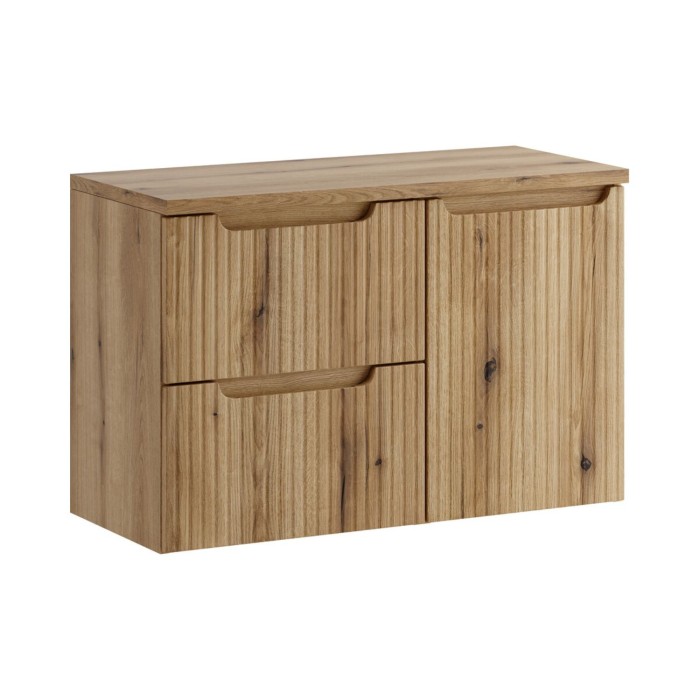 Set da bagno VANO in rovere chiaro 90cm: mobili sotto lavabo con cassetti e cesto portabiancheria integrato + piano per lavabo