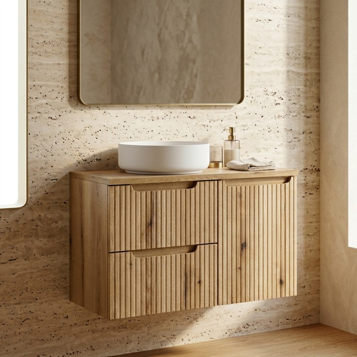 Set da bagno VANO in rovere chiaro 90cm: mobili sotto lavabo con cassetti e cesto portabiancheria integrato + piano per lavabo