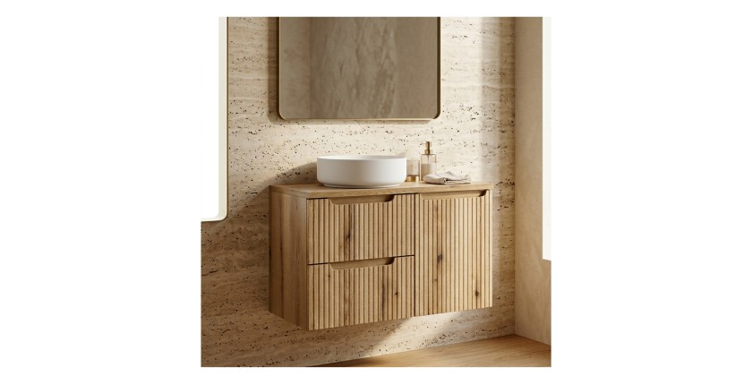 Ensemble VANO 90cm : meubles sous vasque à tiroirs et panier à linge intégré, plan pour vasque mis en situation