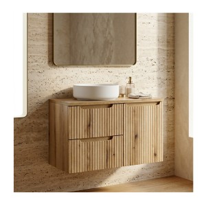 Ensemble VANO 90cm : meubles sous vasque à tiroirs et panier à linge intégré, plan pour vasque mis en situation