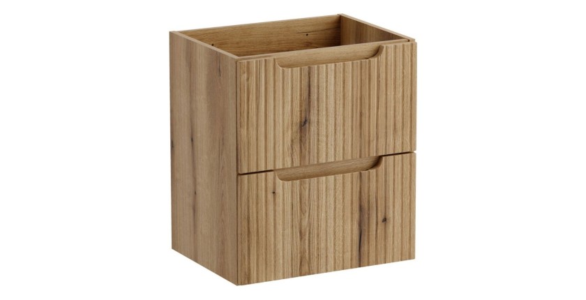 Meuble sous vasque à tiroirs aspect chêne clair avec façade avant rainurée verticalement collection VANO 50cm