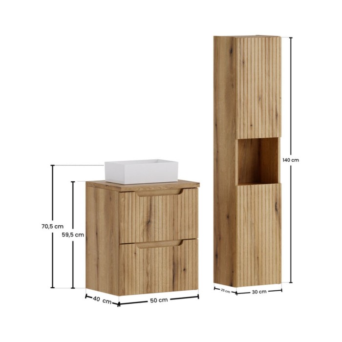 Set VANO in rovere chiaro 80cm: mobile sottolavabo con cassetti + piano per lavabo + lavabo rettangolare da appoggio + colonna