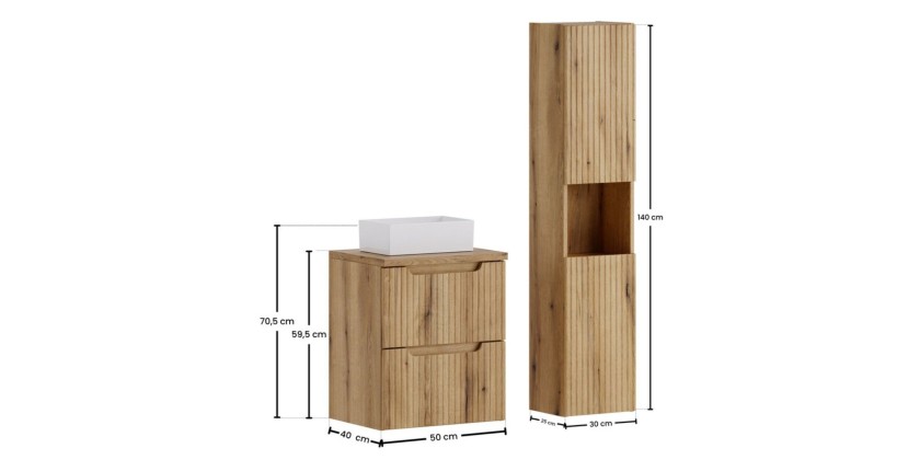 Ensemble VANO chêne 80cm : meuble sous vasque, plan pour vasque, vasque à poser et colonne dimensions