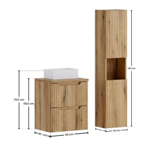 Ensemble VANO chêne 80cm : meuble sous vasque, plan pour vasque, vasque à poser et colonne dimensions