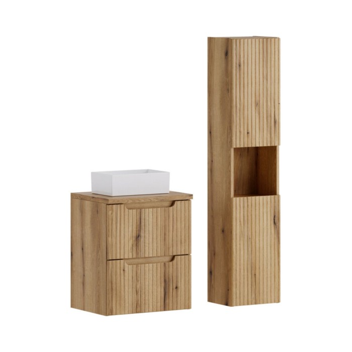 Set VANO in rovere chiaro 80cm: mobile sottolavabo con cassetti + piano per lavabo + lavabo rettangolare da appoggio + colonna