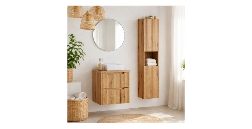 Ensemble VANO chêne 80cm : meuble sous vasque, plan pour vasque, vasque à poser et colonne mis en situation
