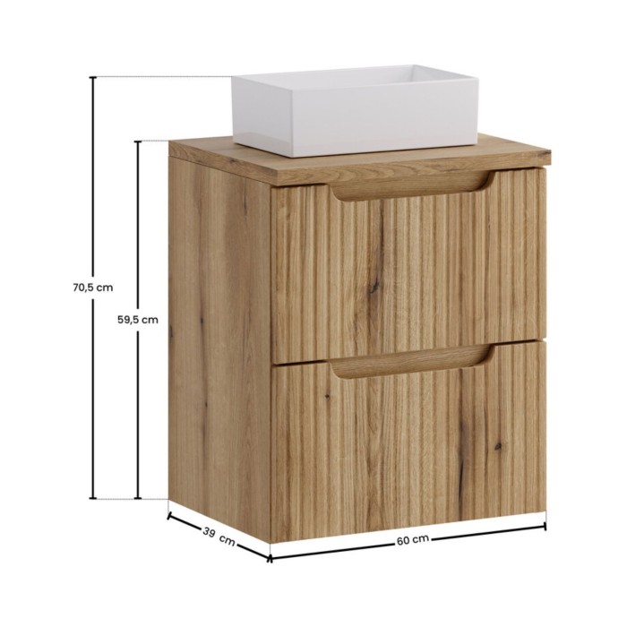 Badezimmer-Set VANO in hellem Eichenholz 50cm: Unterschrank mit Schubladen + Platte für Waschbecken + rechteckiges Aufsatzwaschb