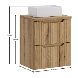 Ensemble VANO 50cm chêne : meuble sous vasque à tiroirs, plan pour vasque et vasque à poser rectangulaire dimensions