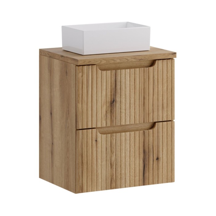 Badezimmer-Set VANO in hellem Eichenholz 50cm: Unterschrank mit Schubladen + Platte für Waschbecken + rechteckiges Aufsatzwaschb