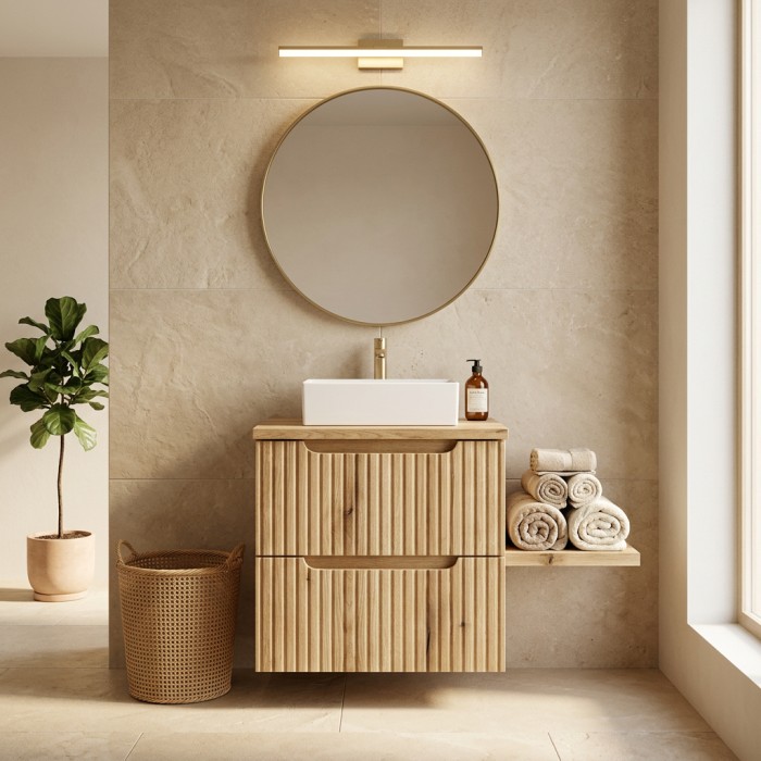 Badezimmer-Set VANO in hellem Eichenholz 50cm: Unterschrank mit Schubladen + Platte für Waschbecken + rechteckiges Aufsatzwaschb