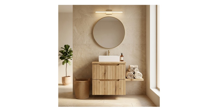 Ensemble VANO chêne 50cm : meuble sous vasque à tiroirs et plan pour vasque mis en situation