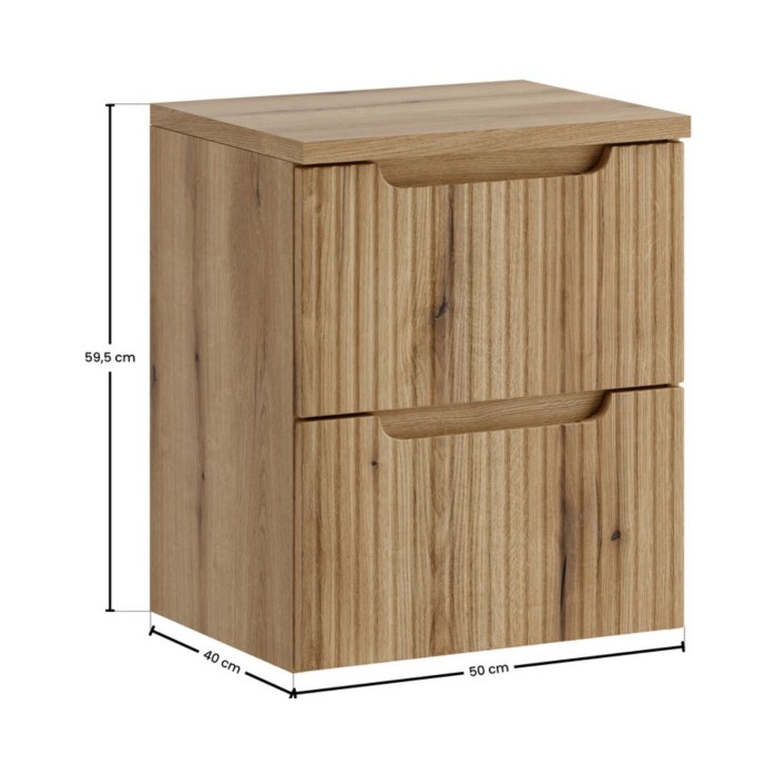 Wandhängendes Badezimmer-Set VANO in hellem Eichenholz 50cm: Unterschrank mit Schubladen und gerillter Front + Platte für Waschb