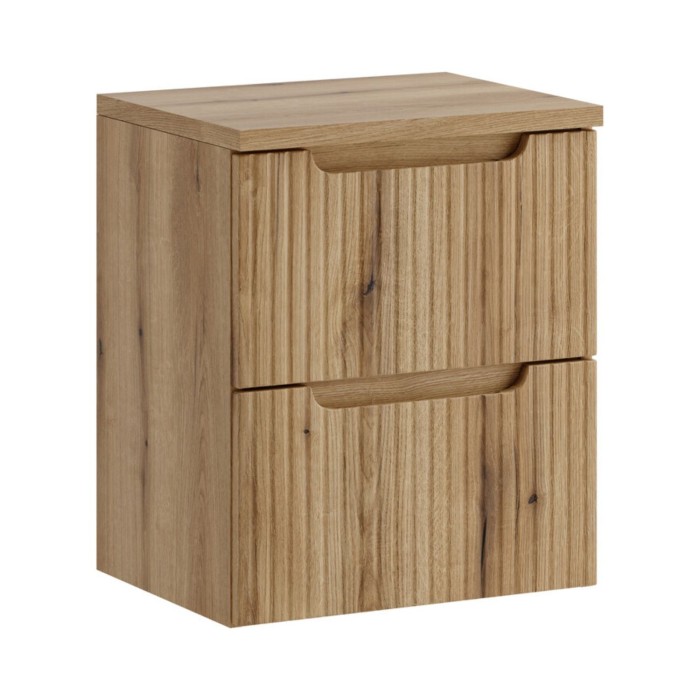 Wandhängendes Badezimmer-Set VANO in hellem Eichenholz 50cm: Unterschrank mit Schubladen und gerillter Front + Platte für Waschb