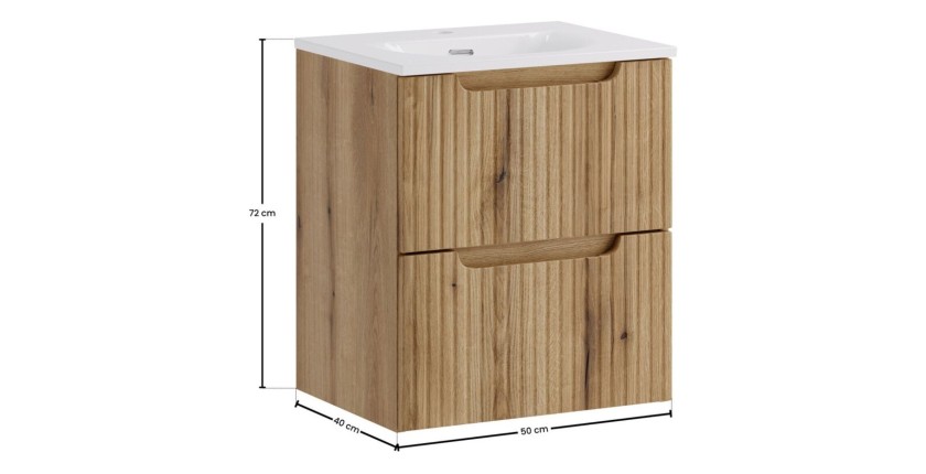 Ensemble VANO chêne 50cm : meuble sous vasque à tiroirs et vasque encastrée blanche dimensions