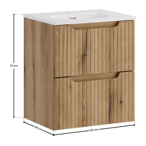 Ensemble VANO chêne 50cm : meuble sous vasque à tiroirs et vasque encastrée blanche dimensions