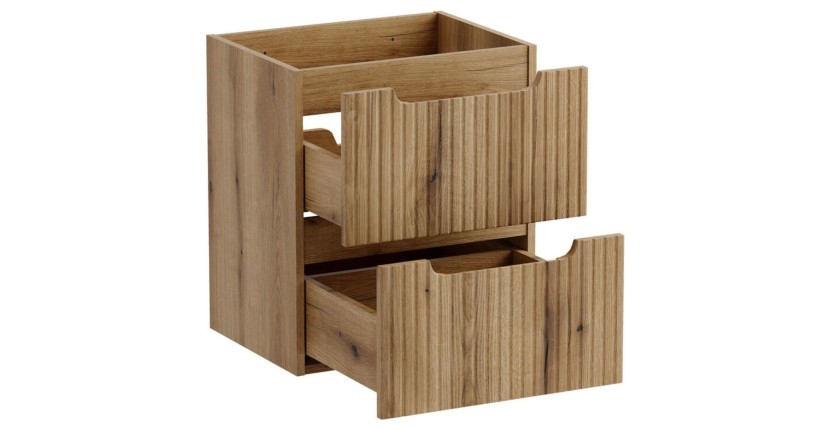 Meuble sous vasque à tiroirs aspect chêne clair avec façade avant rainurée verticalement collection VANO 50cm ouvert