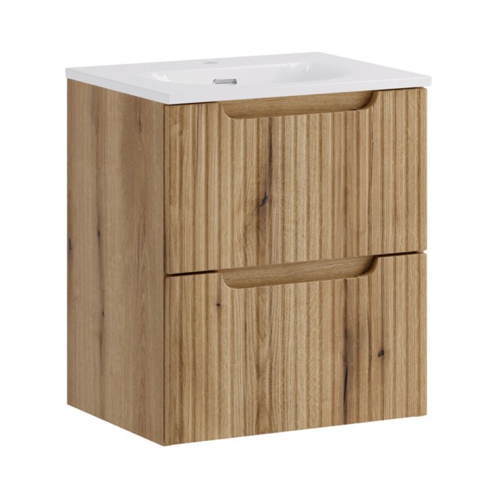 Conjunto de baño suspendido VANO de roble claro 50cm: mueble bajo lavabo con cajones con frente ranurado + lavabo encastrado