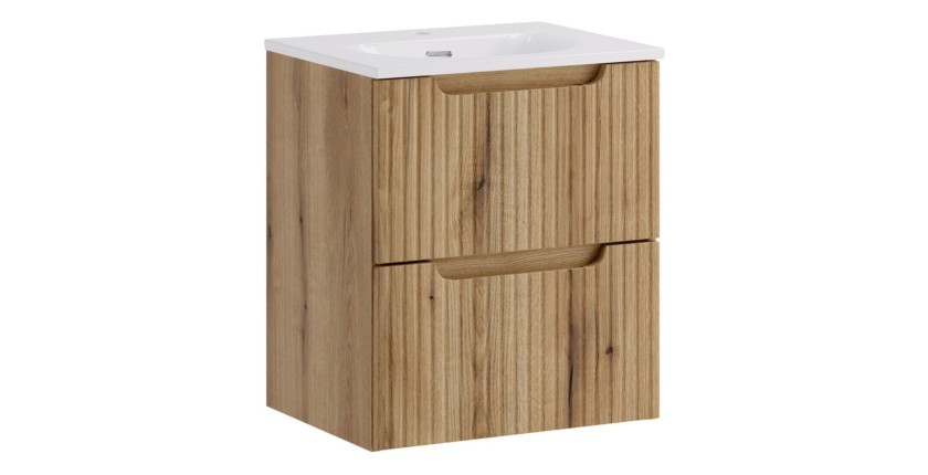 Ensemble VANO chêne 50cm : meuble sous vasque à tiroirs et vasque encastrée blanche