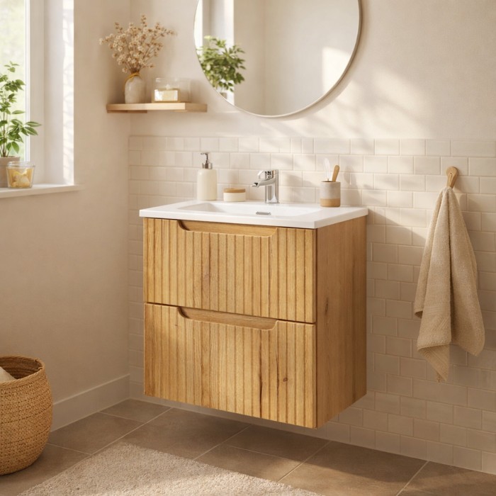 Conjunto de baño suspendido VANO de roble claro 50cm: mueble bajo lavabo con cajones con frente ranurado + lavabo encastrado