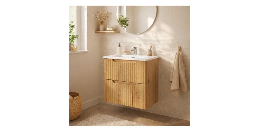 Ensemble VANO chêne 50cm : meuble sous vasque à tiroirs et vasque encastrée blanche mis en situation