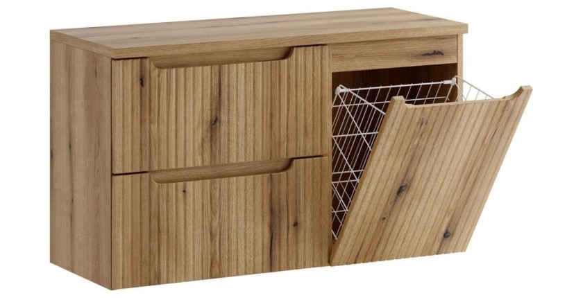 Ensemble VANO chêne 100cm : meuble sous vasque à tiroir, panier à linge et plan pour vasque ouvert