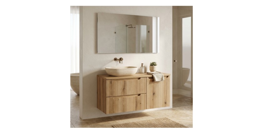 Ensemble VANO chêne 100cm : meuble sous vasque à tiroir, panier à linge et plan pour vasque mis en situation