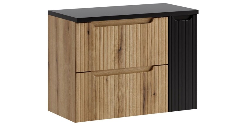Ensemble VANO chêne et noir 80cm : meuble sous vasque à tiroirs et placards et plan pour vasque