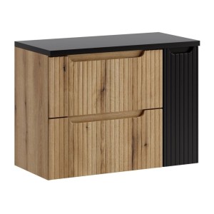 Ensemble VANO chêne et noir 80cm : meuble sous vasque à tiroirs et placards et plan pour vasque