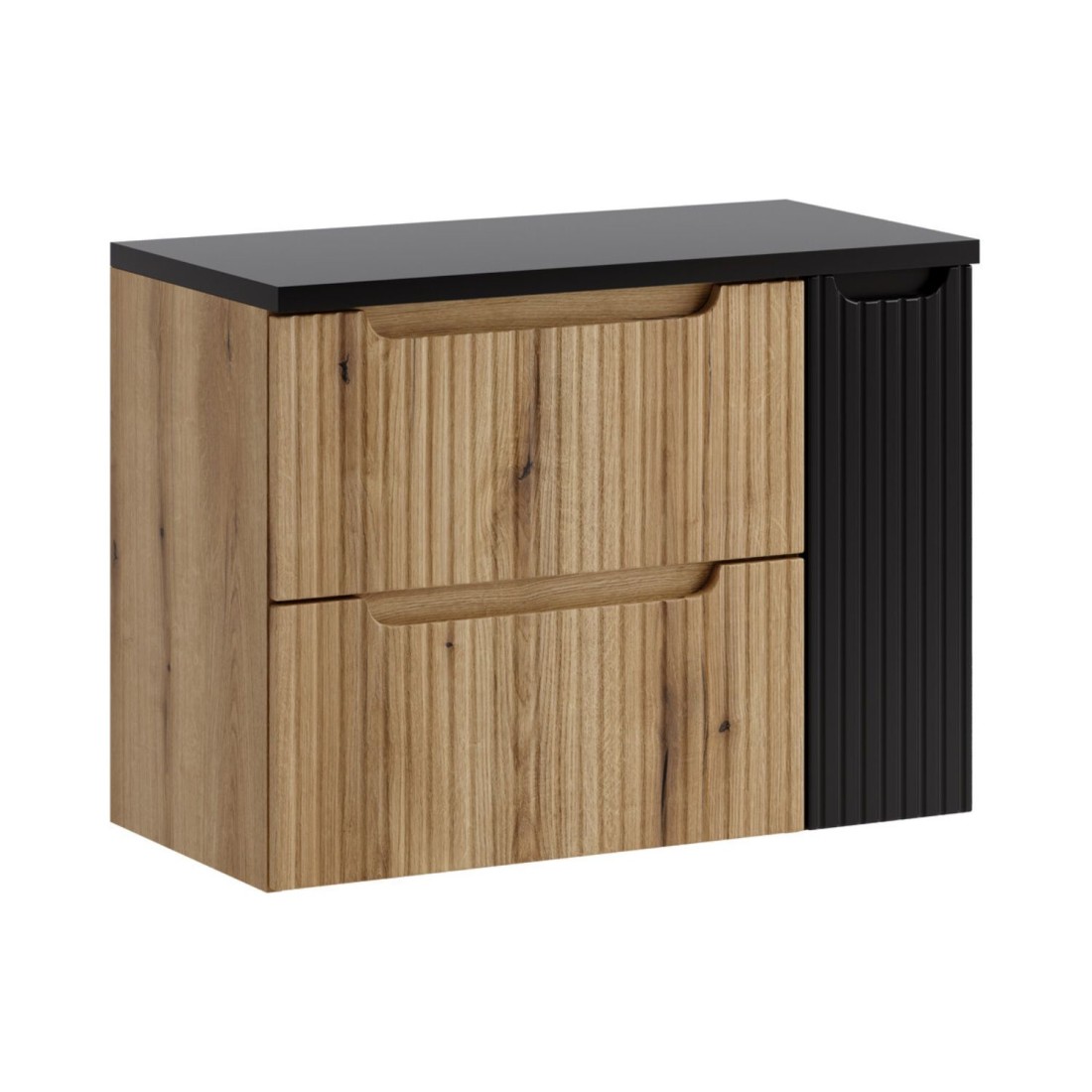 Ensemble VANO chêne et noir 80cm : meuble sous vasque à tiroirs et placards et plan pour vasque