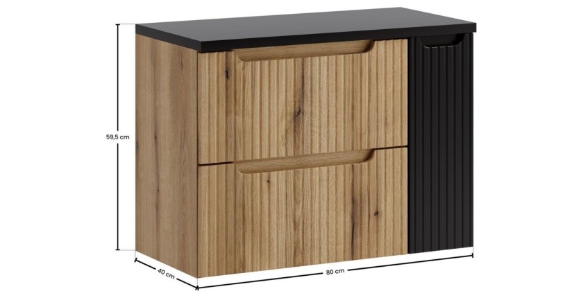 Ensemble VANO chêne et noir 80cm : meuble sous vasque à tiroirs et placards et plan pour vasque dimensions