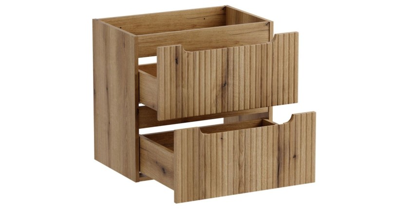 Meuble sous vasque à tiroirs aspect chêne clair avec façade avant rainurée verticalement collection VANO 60cm ouvert