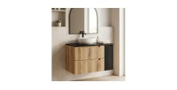 Ensemble VANO chêne et noir 80cm : meuble sous vasque à tiroirs et placards et plan pour vasque mis en situation