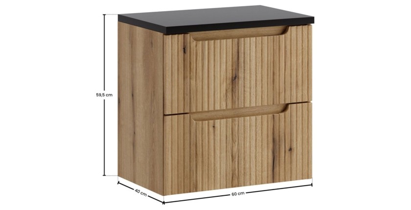 Ensemble VANO chêne et noir 60cm : meuble sous vasque à tiroirs et plan pour vasque noir dimensions