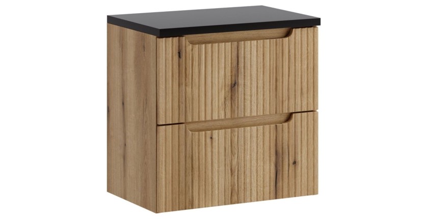 Ensemble VANO chêne et noir 60cm : meuble sous vasque à tiroirs et plan pour vasque noir