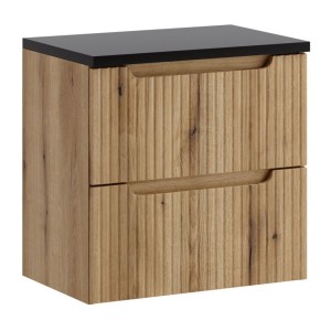 Ensemble VANO chêne et noir 60cm : meuble sous vasque à tiroirs et plan pour vasque noir