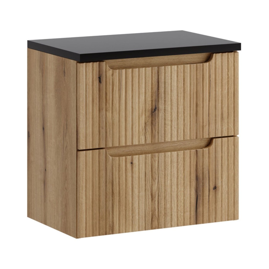 Ensemble VANO chêne et noir 60cm : meuble sous vasque à tiroirs et plan pour vasque noir