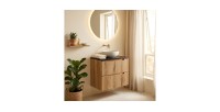 Ensemble VANO chêne et noir 60cm : meuble sous vasque à tiroirs et plan pour vasque noir mis en situation