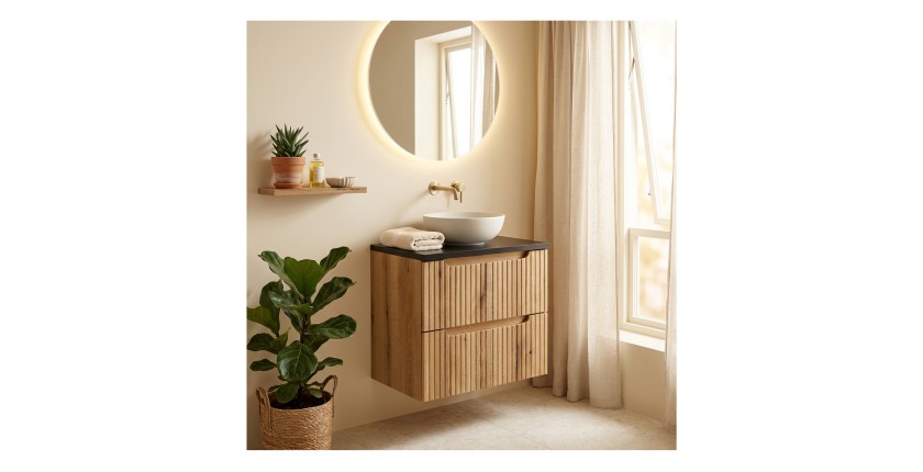 Ensemble VANO chêne et noir 60cm : meuble sous vasque à tiroirs et plan pour vasque noir mis en situation