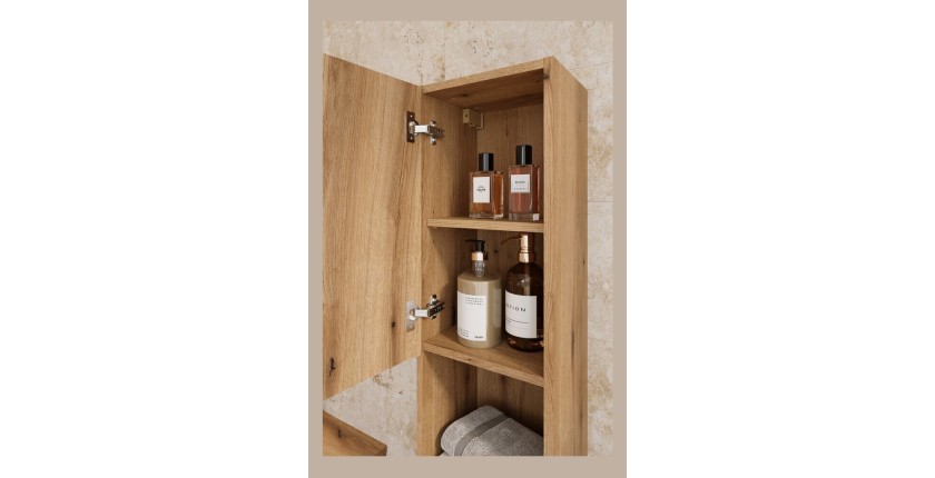 Ensemble de salle de bain VANO chêne clair 110cm : meubles sous vasque à tiroirs avec niches visibles + plan pour vasque + colon