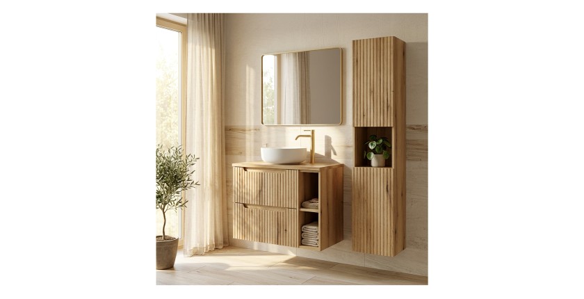 Ensemble de salle de bain VANO chêne clair 110cm : meubles sous vasque à tiroirs avec niches visibles + plan pour vasque + colon