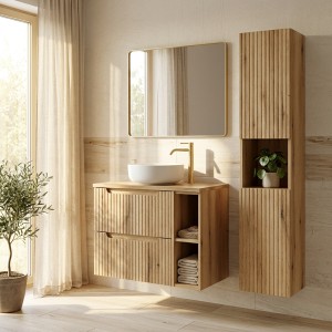 Ensemble VANO chêne 110cm : meuble sous vasque à tiroirs, niches visibles, plan pour vasque et colonne mis en situation