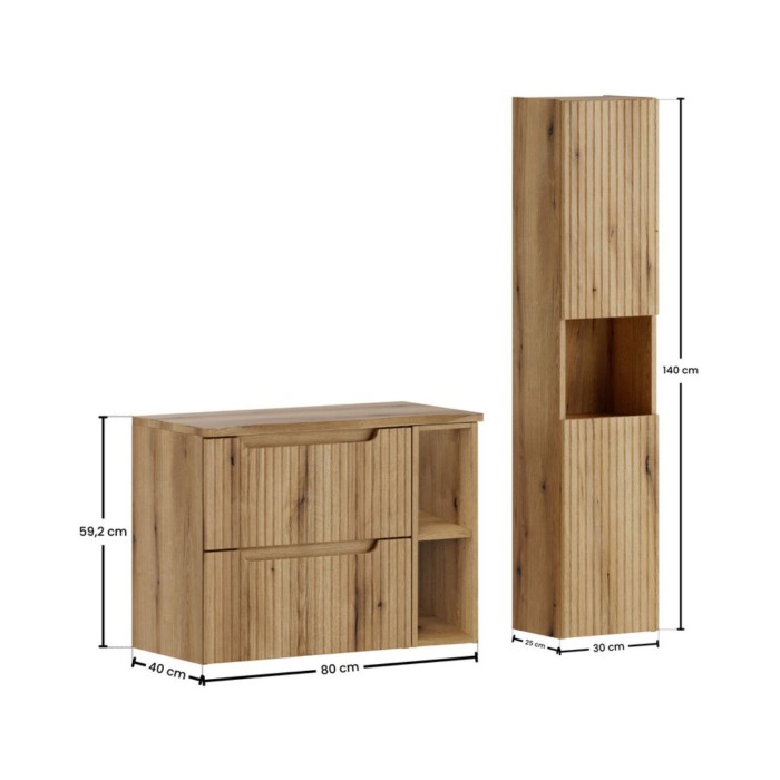 Set VANO in rovere chiaro 110cm: mobile sottolavabo con cassetti e nicchie a vista + piano per lavabo + colonna