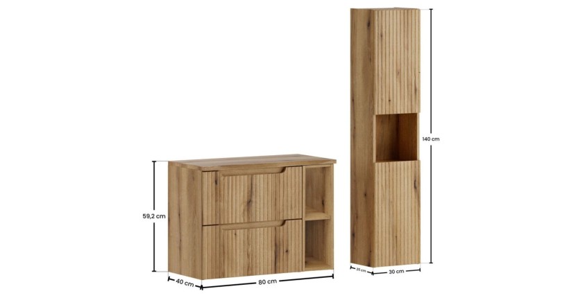 Ensemble de salle de bain VANO chêne clair 110cm : meubles sous vasque à tiroirs avec niches visibles + plan pour vasque + colon