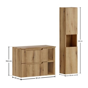 Ensemble VANO chêne 110cm : meuble sous vasque à tiroirs, niches visibles, plan pour vasque et colonne dimensions